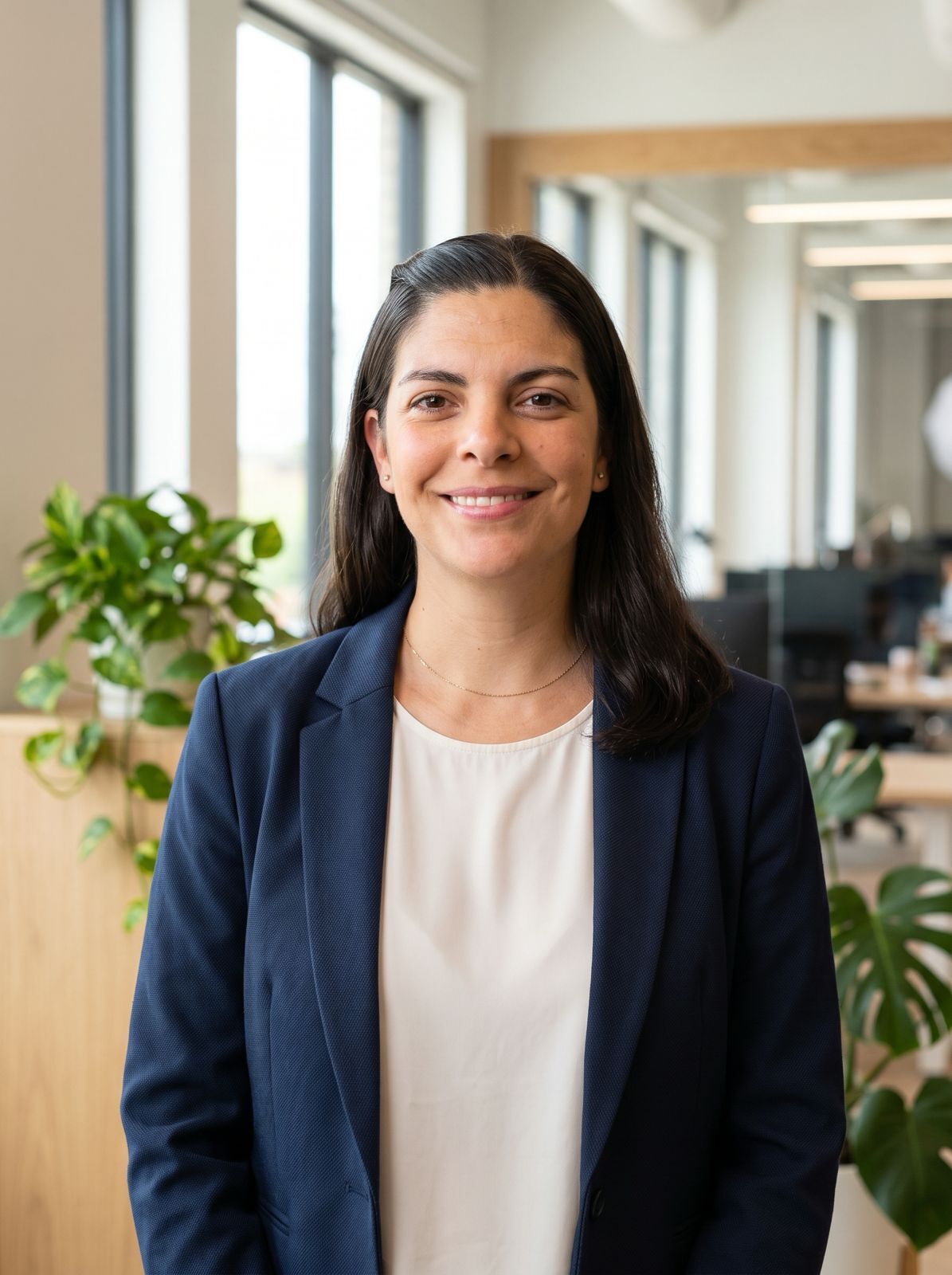 Portrait of Liana Perez smiling, wearing a navy blazer over a white top in a bright office with plants