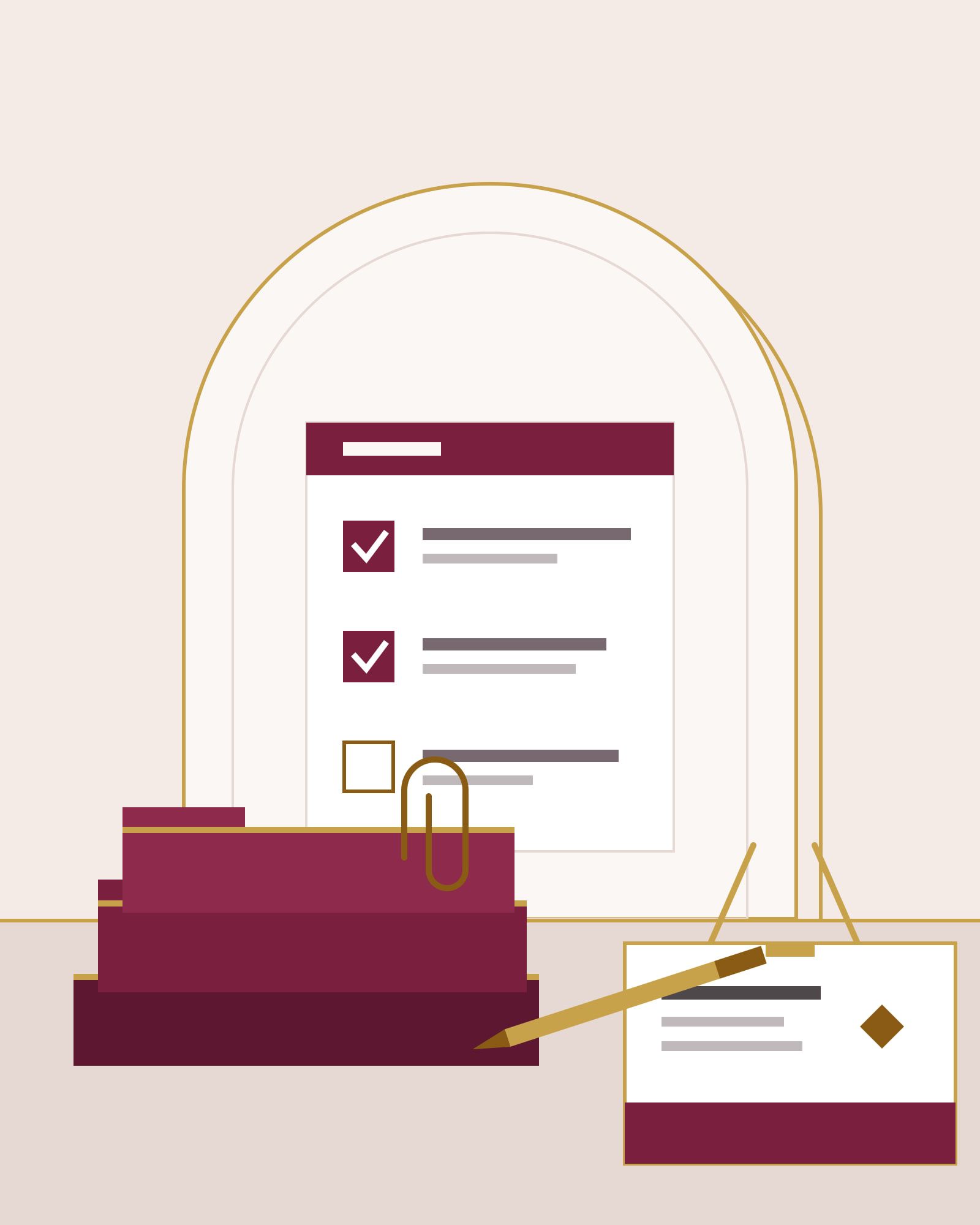 A tidy first-day welcome in ivory and burgundy: a checklist being ticked in an open doorway, a stack of folders, a brass paper clip and a blank name badge